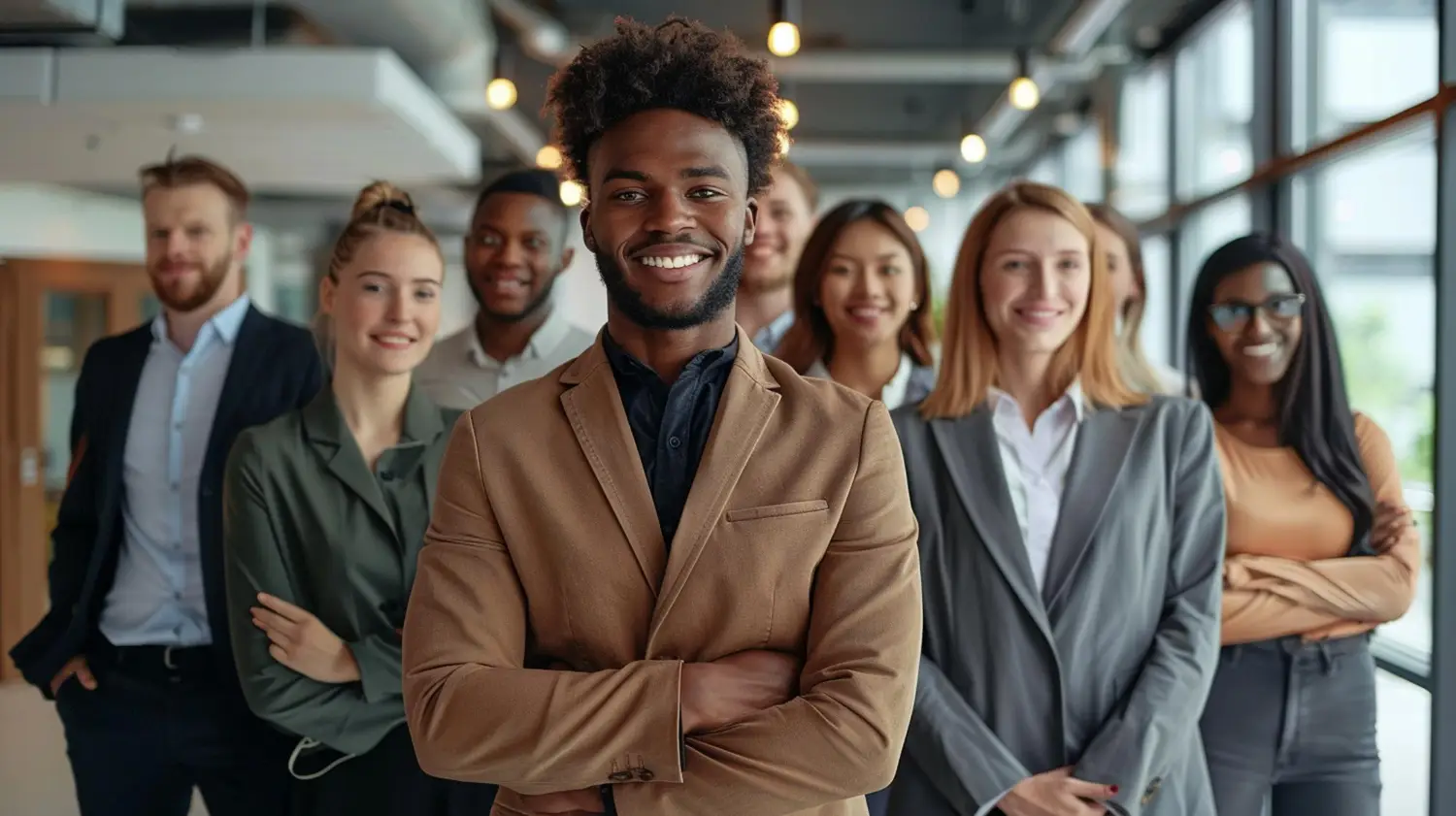 Young professionals standing in an office with their arms crossed.